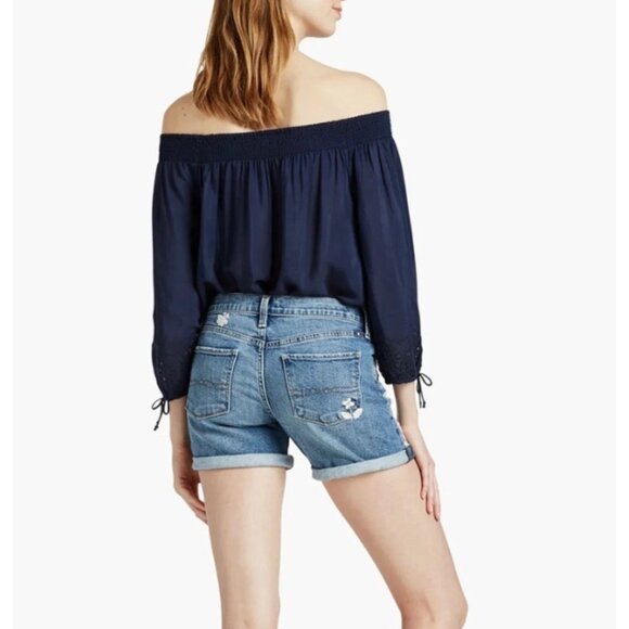 LUCKY BRAND Womens' Blue Palms Floral Embroidered Roll Up Denim Shorts Sz 14/32 - Picture 3 of 8